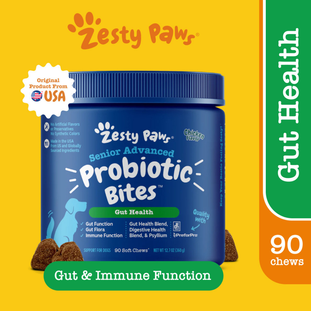 Zesty Paws Senior Probiotic Bites Soft Chews for Dogs Gut Health [รสไก่] (แบบนุ่ม 90 เม็ด) (หมดอายุ:12/2025) [อาหารเสริมสุนัขสำหรับบำรุงระบบย่อยอาหาร เสริมสร้างภูมิคุ้มกัน]
