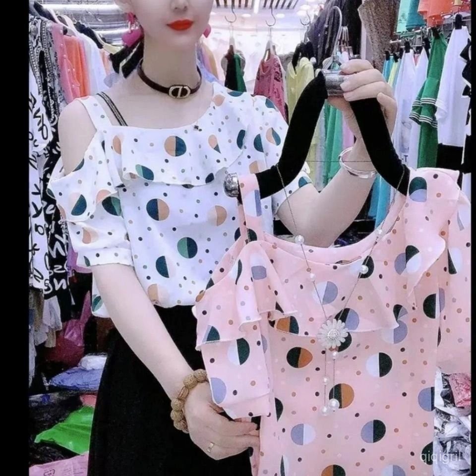 เสื้อชีฟองแขนสั้น เสื้อชีฟองผู้หญิง สไตล์เวสเทิร์คลื่นจุดพิมพ์ ผ้าไหมน้ำแข็งระบายอากา