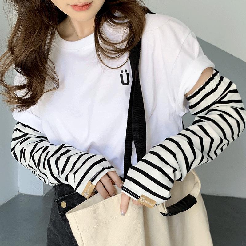 เสื้อยืดแขนสั้นผู้ชายลายทางแขนน้ําแข็งหลวมขนาดใหญ่ยืดหยุ่น driv ปลอกแขนกันแดดแขนป้องกันมือแขน sun p.