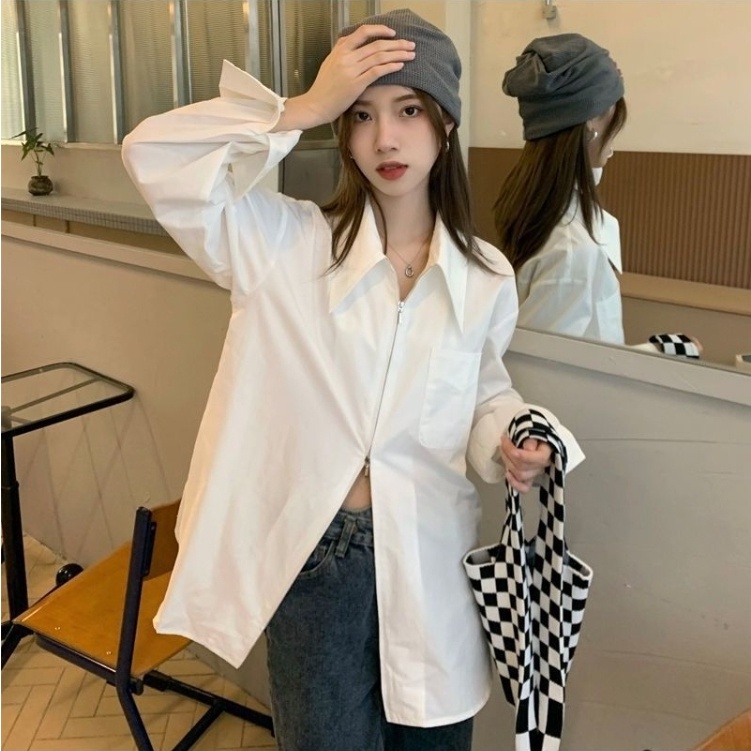 Yoonik เสื้อเชิ้ตผู้หญิงแขนยาว ทรงหลวม สไตล์เกาหลี มีซิปบน-ล่าง