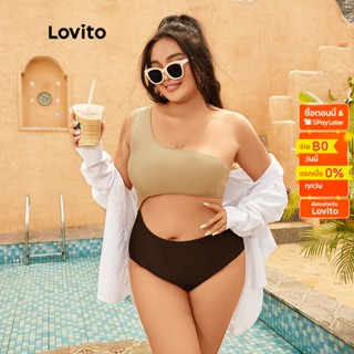 Lovito Plus Size ชุดวันพีซ ทรงครอป ไหล่เดี่ยว พร้อมแผ่นเสริมถอดออกได้ สีพื้น พลัสไซซ์ สำหรับผู้หญิง LPS03021 (หลากสี)