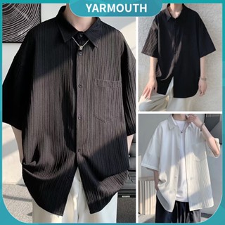 Yyr_ เสื้อเชิ้ตแขนสั้นลําลอง คอปก ลายทาง ระบายอากาศ ใส่สบาย สไตล์สตรีท สําหรับผู้ชาย