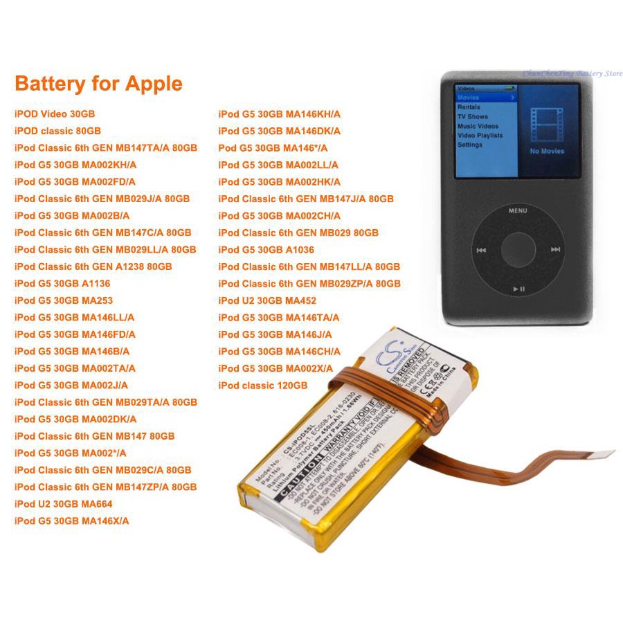 OrangeYu 450mAh Battery for Apple iPOD Video 30GB , iPOD classic, iPod Classic 6th GEN, iPod G5 30GB