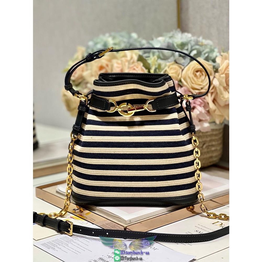 D1or striped canvas bucket handbag drawstring shoulder shopping tote with studded feet