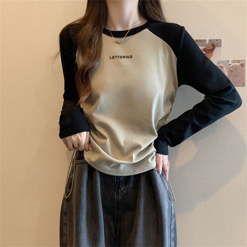 ใหม่ เสื้อยืด แขนยาว บล็อกสี ทรงหลวม ลําลอง แฟชั่นสําหรับผู้หญิง