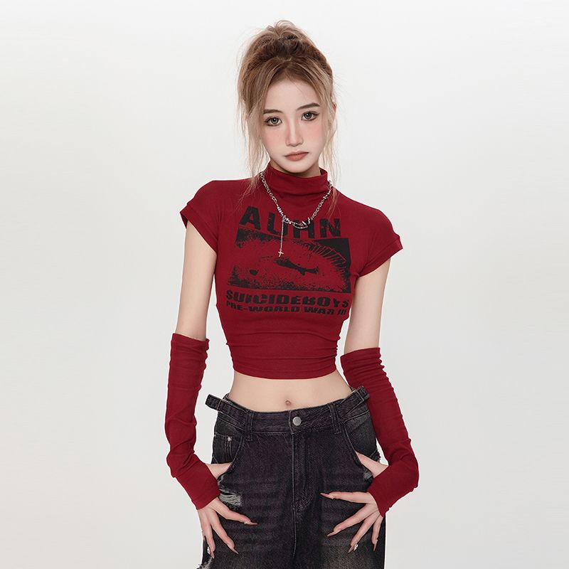 แขนสั้น เสื้อยืดคอปกครึ่งสูง สไตล์อเมริกันแขนสั้นวินเทจ แฟชั่นสุภาพสตรีสั้นด้านบน