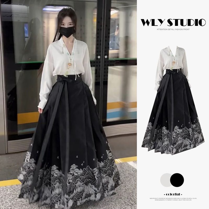 ชุดสูทกระโปรงพลีท（เสื้อคอจีนแขนยาว+กระโปรงหม่าเมี่ยน ） พลัสไซซ์ สไตล์จีน ฮั่นฝู ชุด hanfu แฟชั่นฮั่นฝู สําหรับผู้หญิง