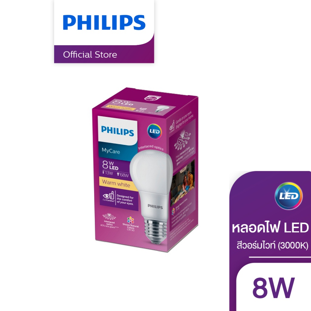 Philips Lighting หลอด LED PHILIPS 8 วัตต์ Warm WHITE E27 (3000K)