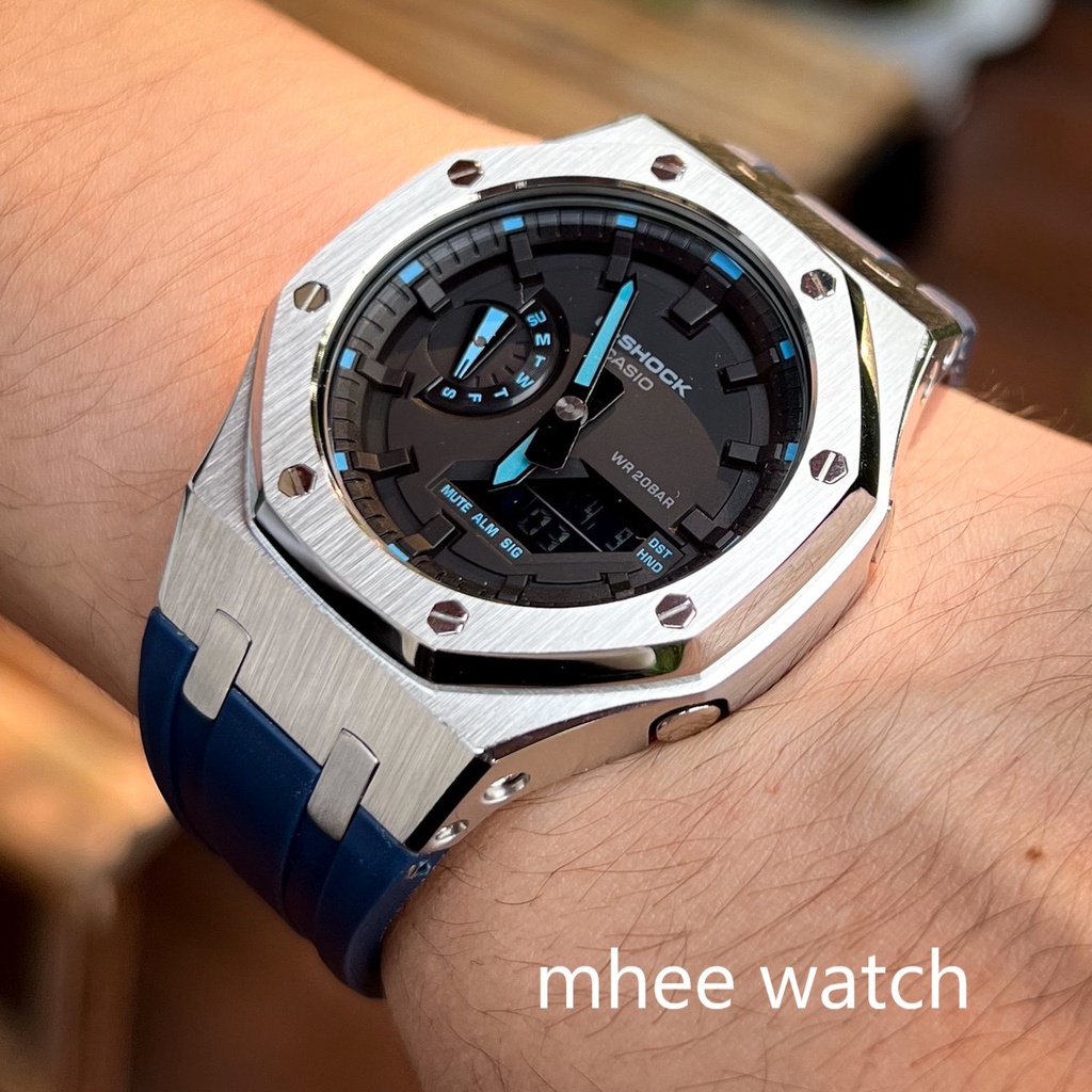 G-Shock Custom AP Style รุ่น GA-2100-1A2 ของแท้ มือ1 ใส่กรอบสแตนเลส สาย Blue Rubber Gen3