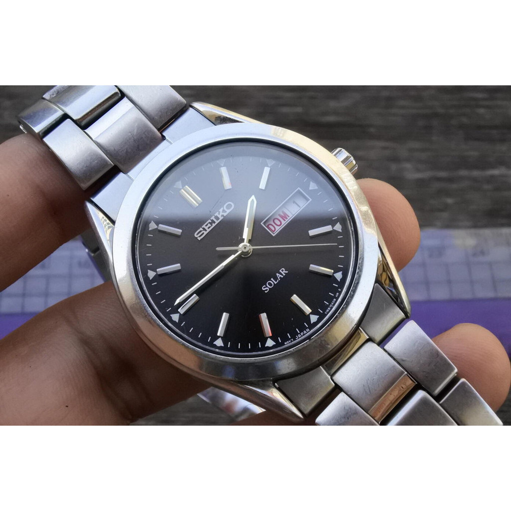 นาฬิกา Vintage มือสองญี่ปุ่น Seiko Solar V158 0AB0 หน้าดำ ผู้ชาย ทรงกลม ระบบ Quartz ขนาด40mm ใช้งานได้ปกติ