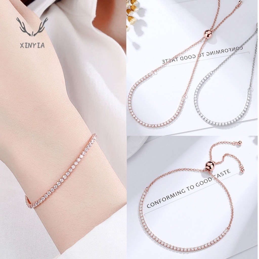 สร้อยข้อมือ Rhinestone แบบยืดหดได้ แฟชั่นปรับได้สีโรสโกลด์เงิน ทอง
