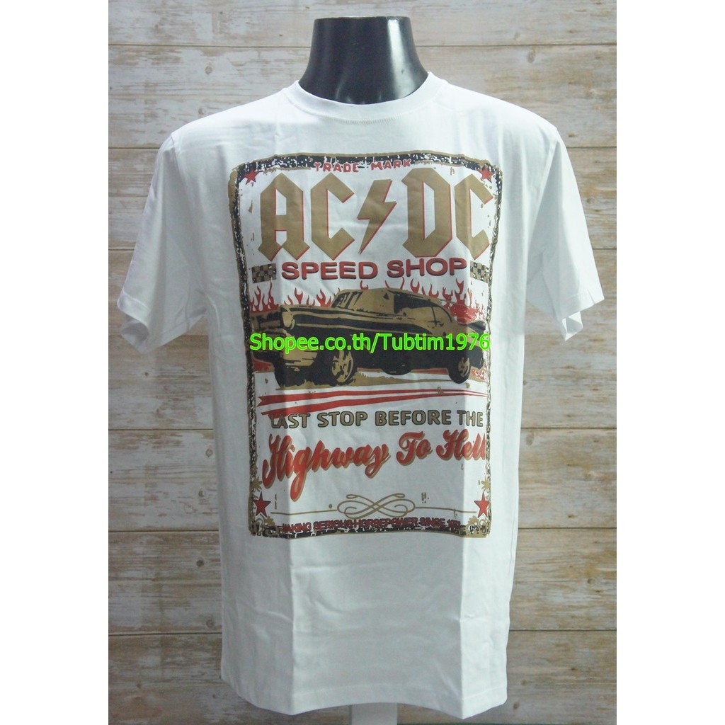 เสื้อวง AC-DC ลาย ACDC AC/DC เอซีดีซี Speed Shop Retro Rock Tee Hard สีขาว ADC8060