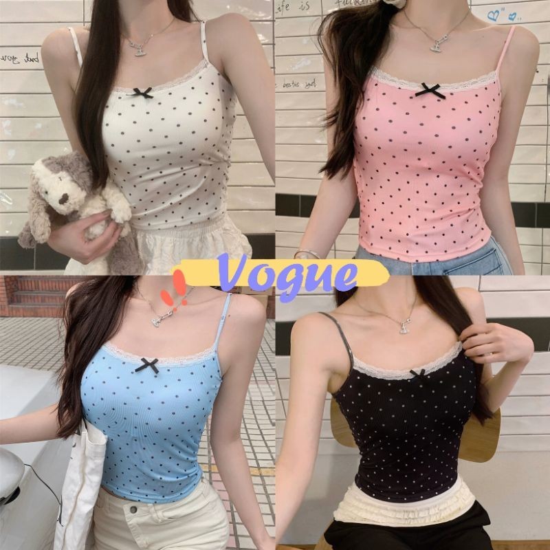 Vogue🌟พร้อมส่ง🌟 เสื้อกล้ามลายจุดสุดเซ็กซี่ แฟชั่น สายเดี่ยว ตกแต่งด้วยโบว์เล็กๆ ซุปเปอร์สลิมมิ่ง  (T059)
