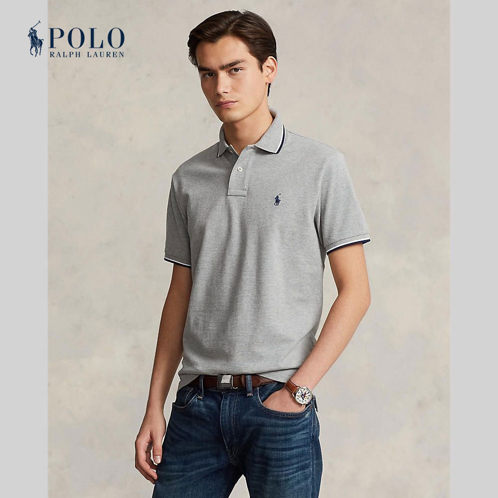 Polo Ralph Lauren เสื้อโปโลผู้ชาย Polo-Custom Slim Fit Mesh Polo Shirt รุ่น MNPOKNI1N822450 สีเทา
