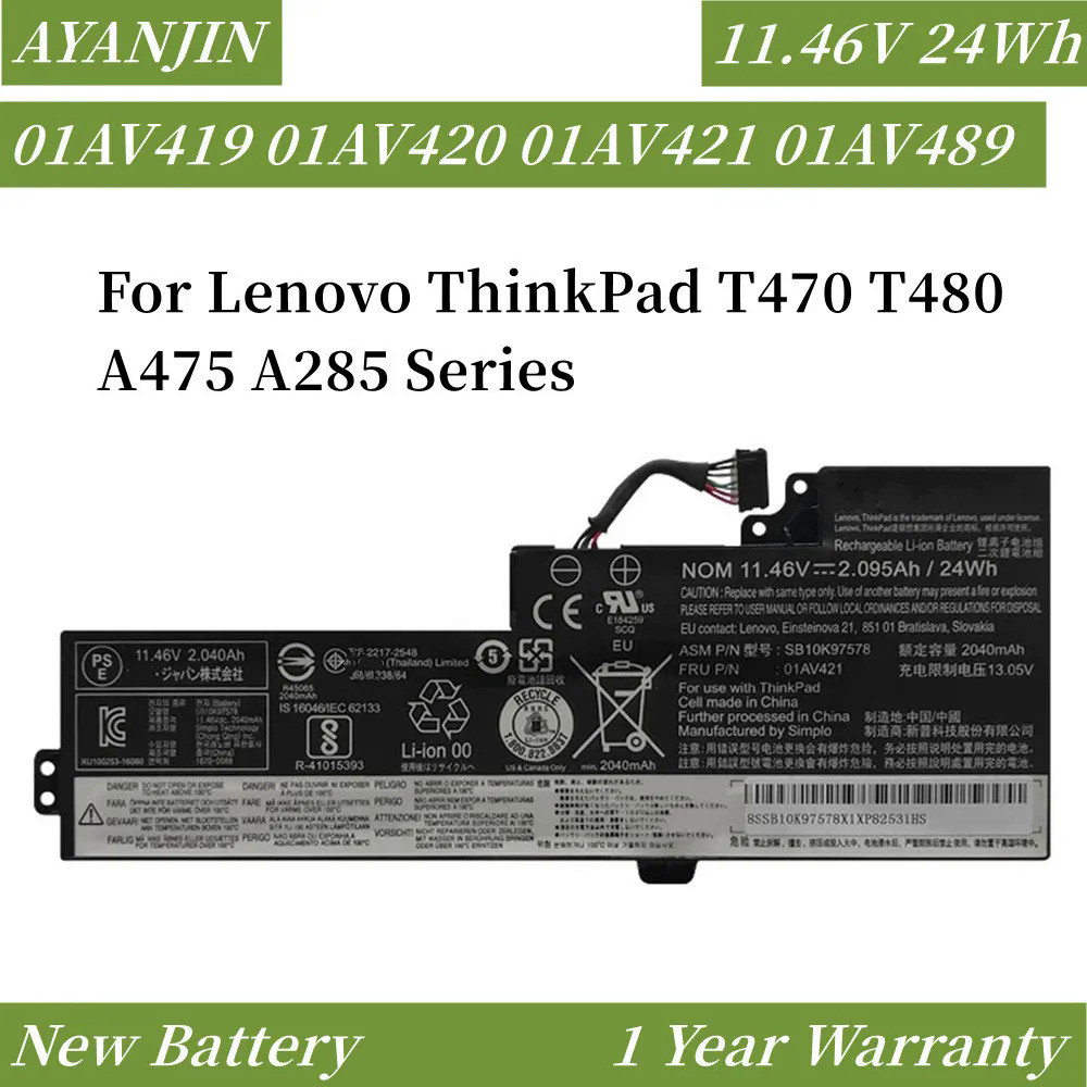 24WH 11.4V สำหรับ Lenovo ThinkPad T470 T480 A475 SB10K97578 Series 01AV421 01AV489 SB10K97576แบตเตอร