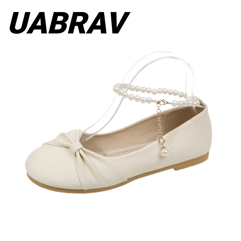 UABRAV.รองเท้าแมรี่เจน ส้นแบน ปากตื้น ประดับโบว์ และไข่มุก แฟชั่นแฟรี่ สําหรับผู้หญิง(ขนาด:35-40)