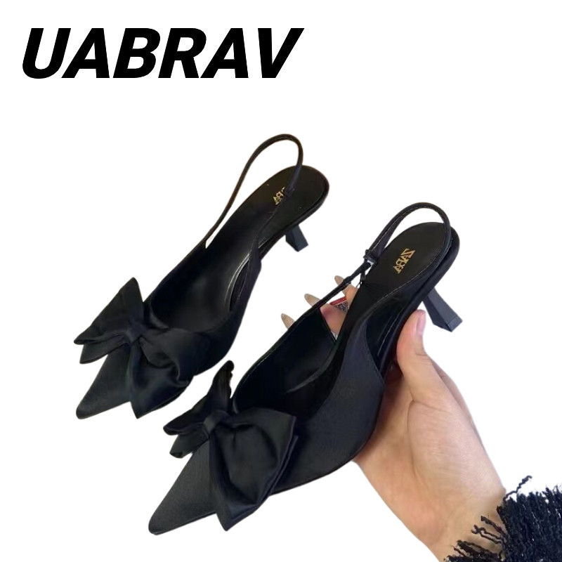 UABRAV.มาใหม่แฟชั่นเกาหลีหัวแหลมสลิปบน โบว์รองเท้าส้นสูง รองเท้าส้นเข็ม รองเท้าสตรี(size-(ขนาด:35-40)