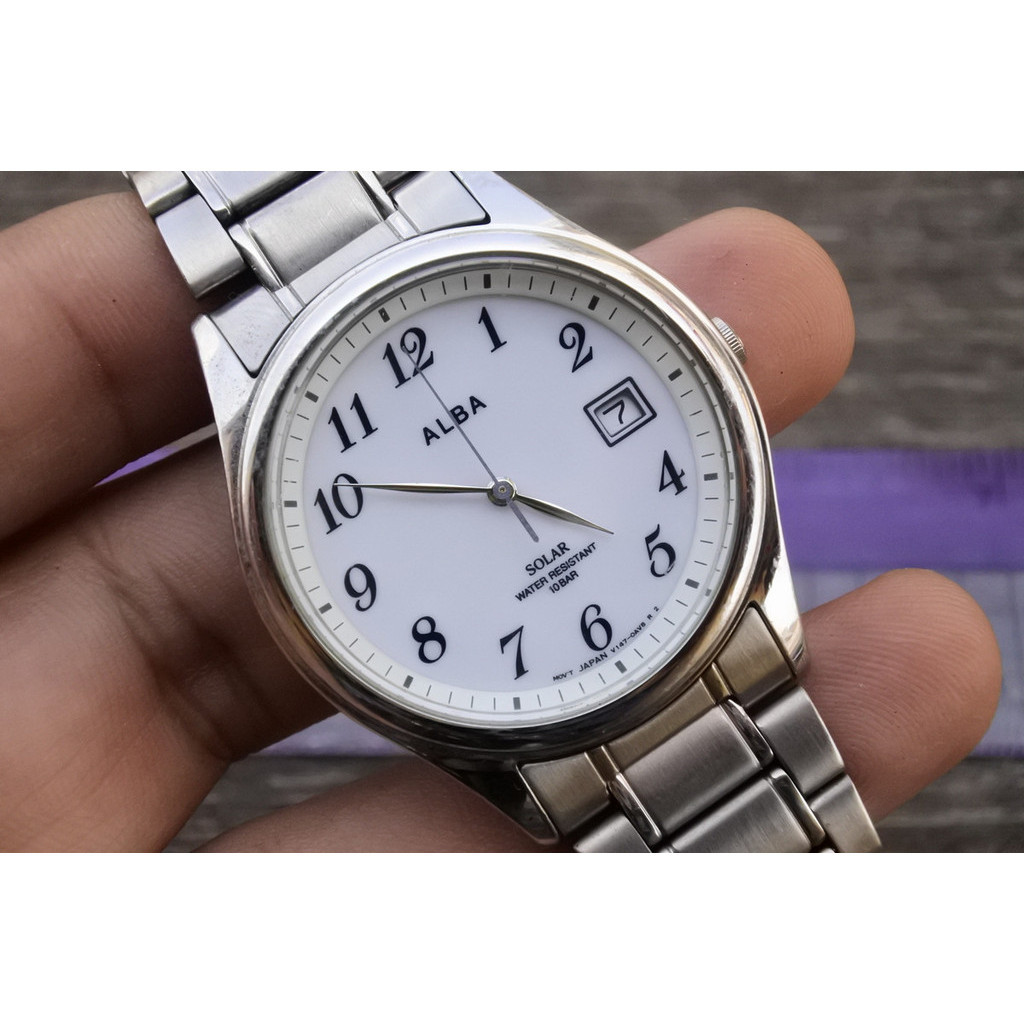นาฬิกา Vintage มือสองญี่ปุ่น Alba Solar V147 0AJ0 White Dial ผู้ชาย ทรงกลม ระบบ Quartz ขนาด35mm