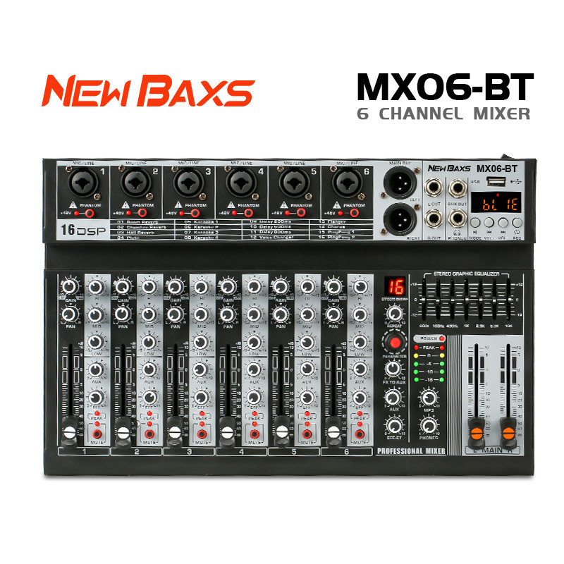 NEW BAXS 6 ช่องโทนเสียง MX06BT AUDIO MIXER มาพร้อมกับ Equalizer 99DSP Effecter รองรับการเล่น Bluetoo