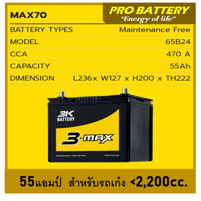 แบตเตอรี่รถยนต์ 3K รุ่น MAX 70L / MF 55Ah. พร้อมใช้ / ไม่ต้องเติมน้ำ สำหรับรถเก๋ง SUV <2200cc>