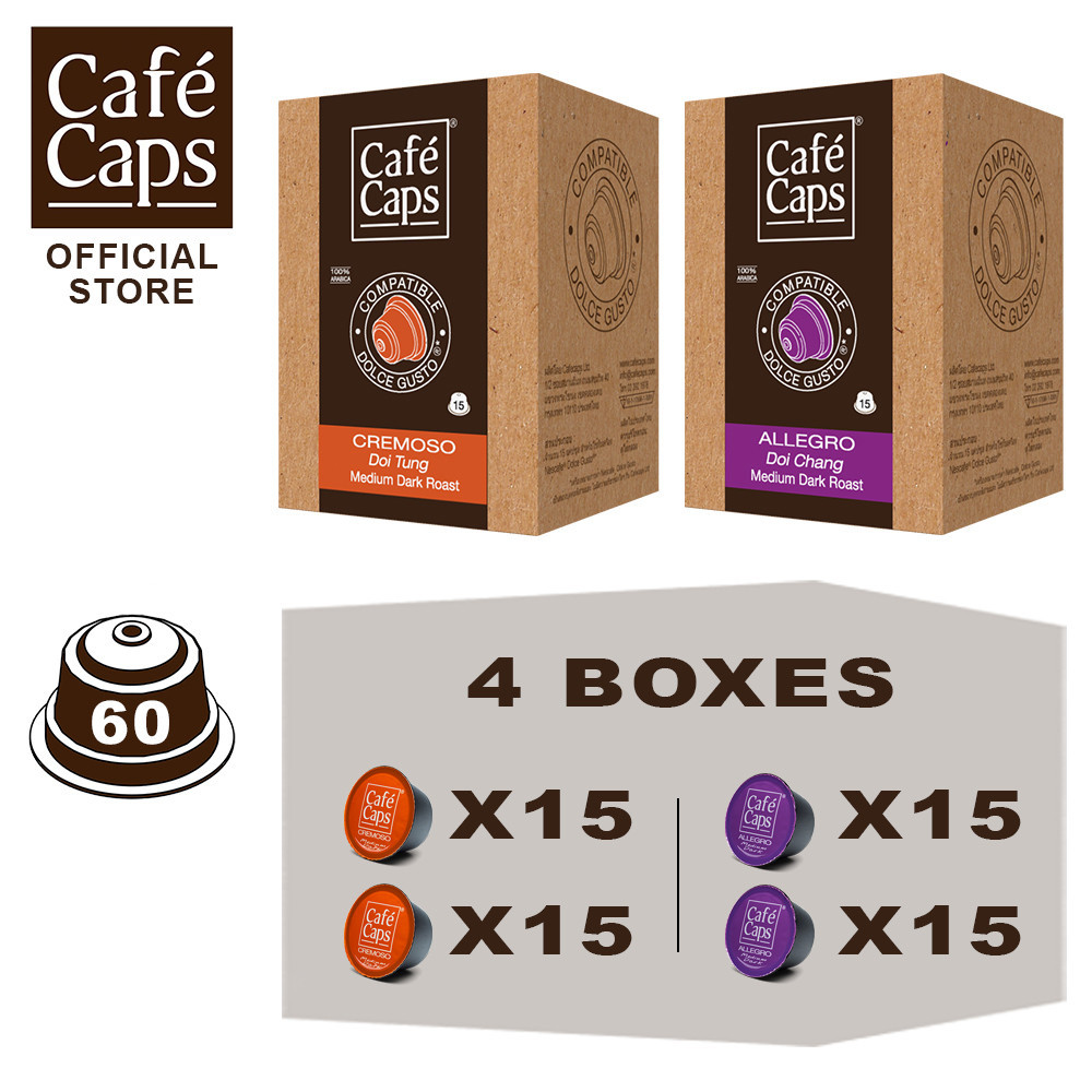 Cafecaps - กาแฟ แคปซูล Nescafe Dolce Gusto Compatible Allegro (2กล่อง X 15 แคปซูล) & Cremoso (2 กล่อง X 15 แคปซูล)
