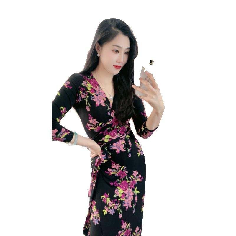 Spring Summer PG DVF French style slim fit wrap skirt with lilac flower print high waist long dress 