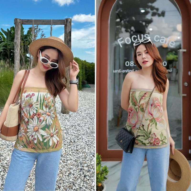 Chic No.9 : Top - Blouse Bohemian เสื้อครอป เสื้อเกาะอก เที่ยวทะเล เที่ยวคาเฟ่ ปัดซ้ายที่รูปเพื่อดูขนาดสินค้า