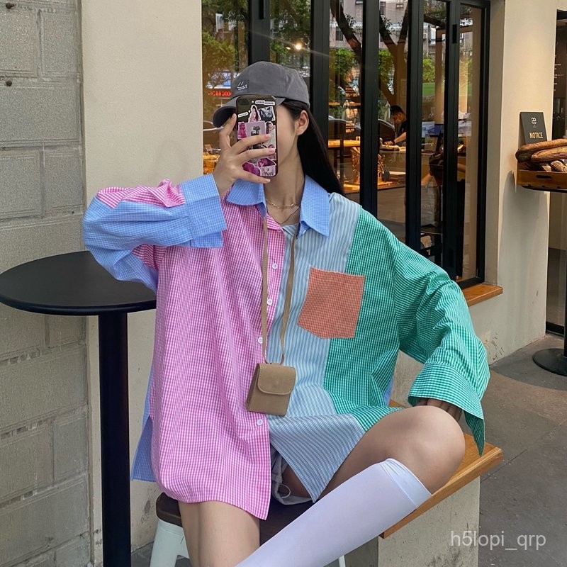 【High quality】Striped Macaron Panel Long Sleeve Blouse for Women Korean Fashion Shirts for Women