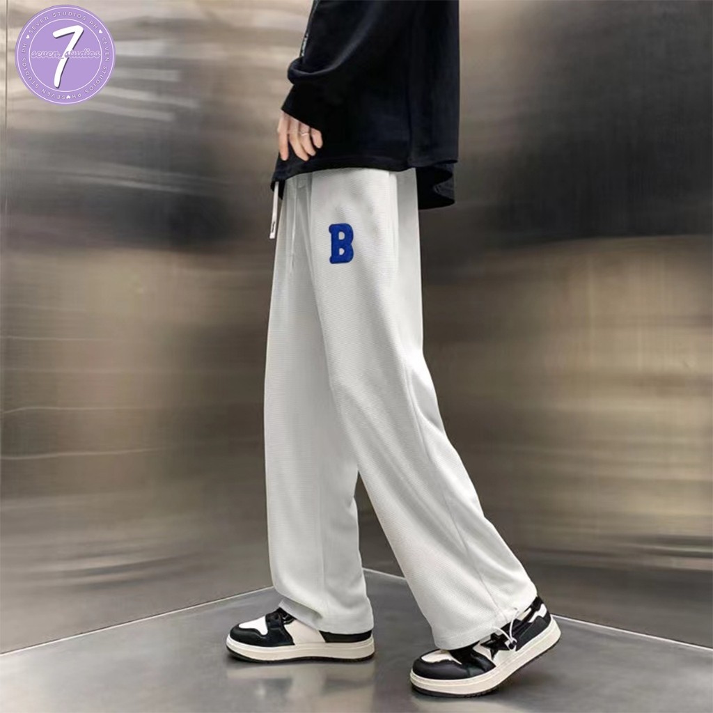 【COD】American hiphop high street embroidered letter waffle mop pants men's women's draped wide-leg p