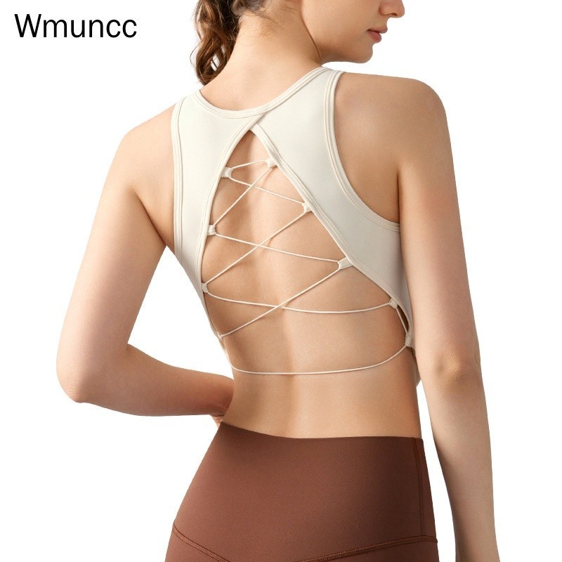 Wmuncc เสื้อชั้นใน แขนกุด เปิดหลัง สีพื้น สําหรับออกกําลังกาย เล่นโยคะ วิ่ง
