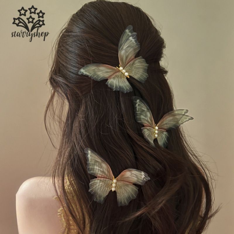 starryshopPearl Gauze Butterfly Hairpin Retro Advanced Sense Hairpin Fairy Temperament Hairpin