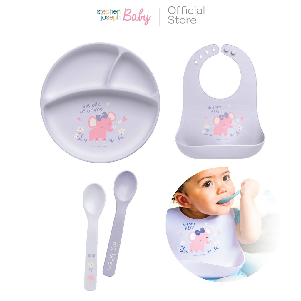Stephen Joseph Baby ชุดเซ็ทช้างจานชามซิลิโคนพรีเมียม พร้อมถ้วยดูดกันหล่น ยอดนิยมจากอเมริกา ผลิตจากซิลิโคนฟู้ดเกรด 100%