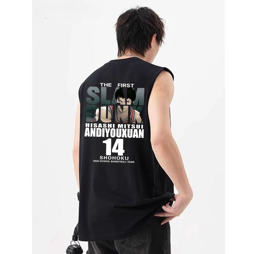 teetwoone เสื้อกล้ามผู้ชายคอกลม ขาวดำ ลายอนิเมะเท่ๆSLAMDUNK แฟชั่นวัยรุ่น ผ้าฝ้ายไม่ย้วย ใส่สบาย