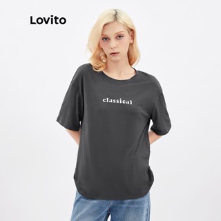 (พร้อมส่ง)Lovito เสื้อยืดโอเวอร์ไซซ์ เบสิก ลายตัวอักษร L30AD077 (สีเทา)