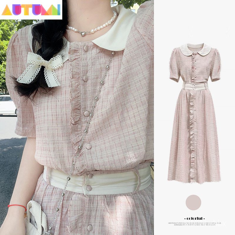 ชุดสตรีฤดูร้อนชุดเดรสชีฟองคอตุ๊กตาสีชมพูลดอายุ 0RBX