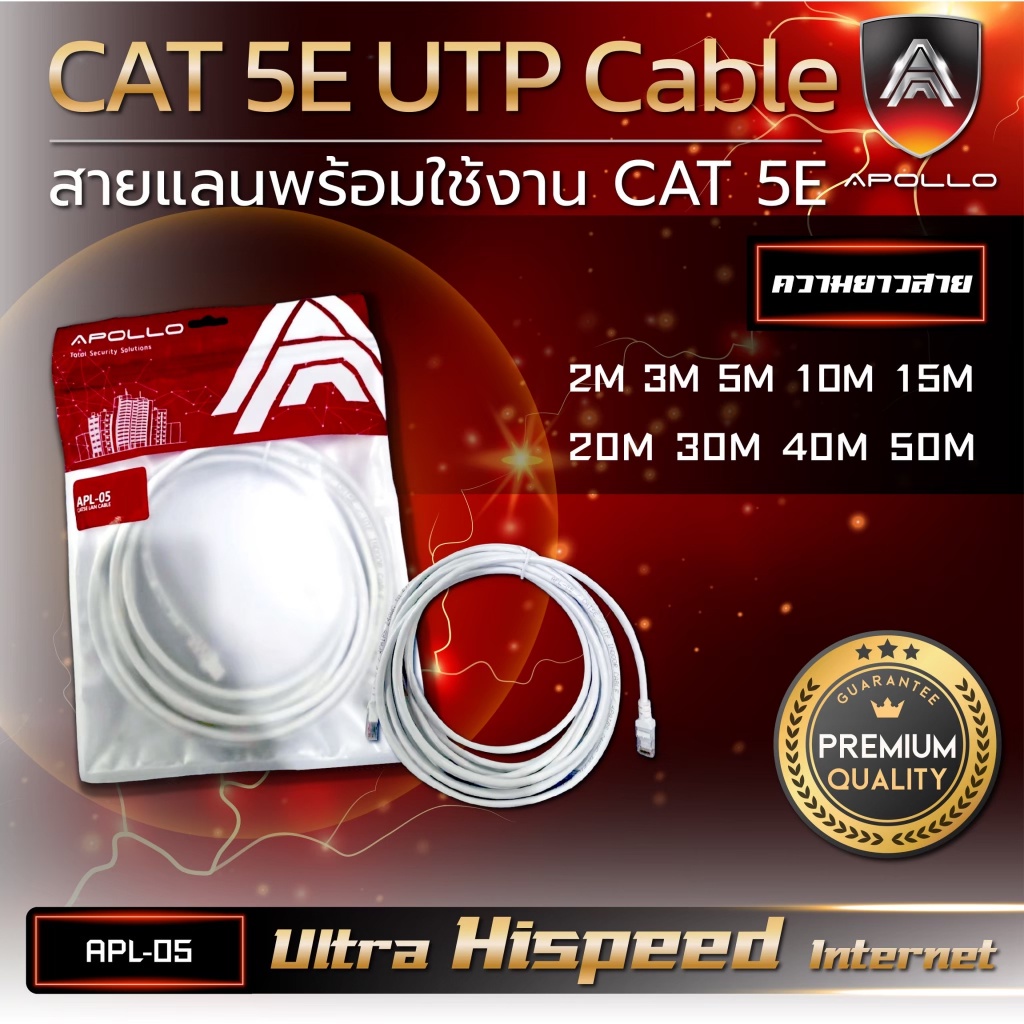 Apollo LAN CABLE UTP CAT6 สายเเลน เข้าหัวสำเร็จรูป สำหรับภายใน ความยาว 2m.-20m. APL-06 สายอินเตอร์เน็ท กล้องวงจรปิดCCTV