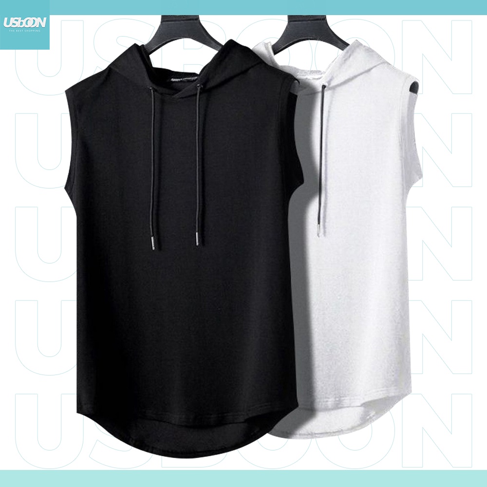 เสื้อยืดแขนกุด มีฮู้ด สไตล์กีฬา แฟชั่นเกาหลี สําหรับผู้ชาย สีพื้น