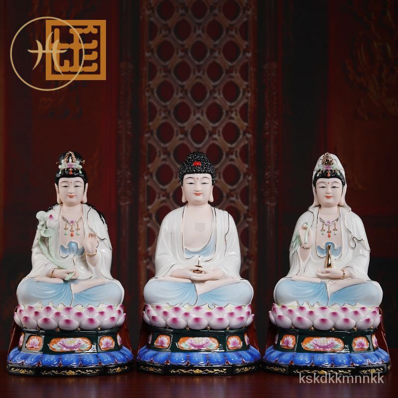 Qizhen Hualien Three Saints Buddha Ceramic Home ประดิษฐานพระพุทธรูปศักดิ์สิทธิ์สามองค์เจ้าแม่กวนอิมพ