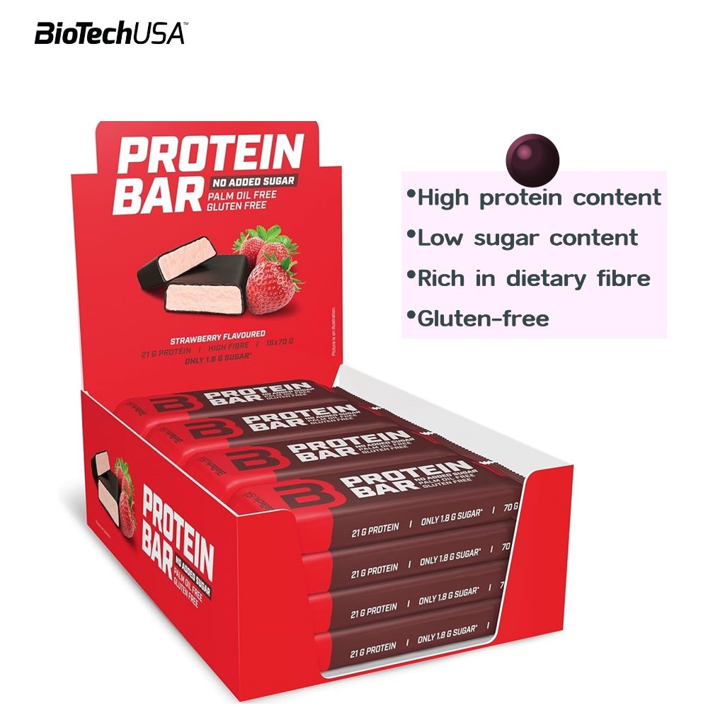 BioTechUSA Protein Bar 70g-Strawberry โปรตีนบาร์-รสสตอเบอร์รี่ (ขนมให้โปรตีนสูง) ผสมไฟเบอร์ ขนมคลีน