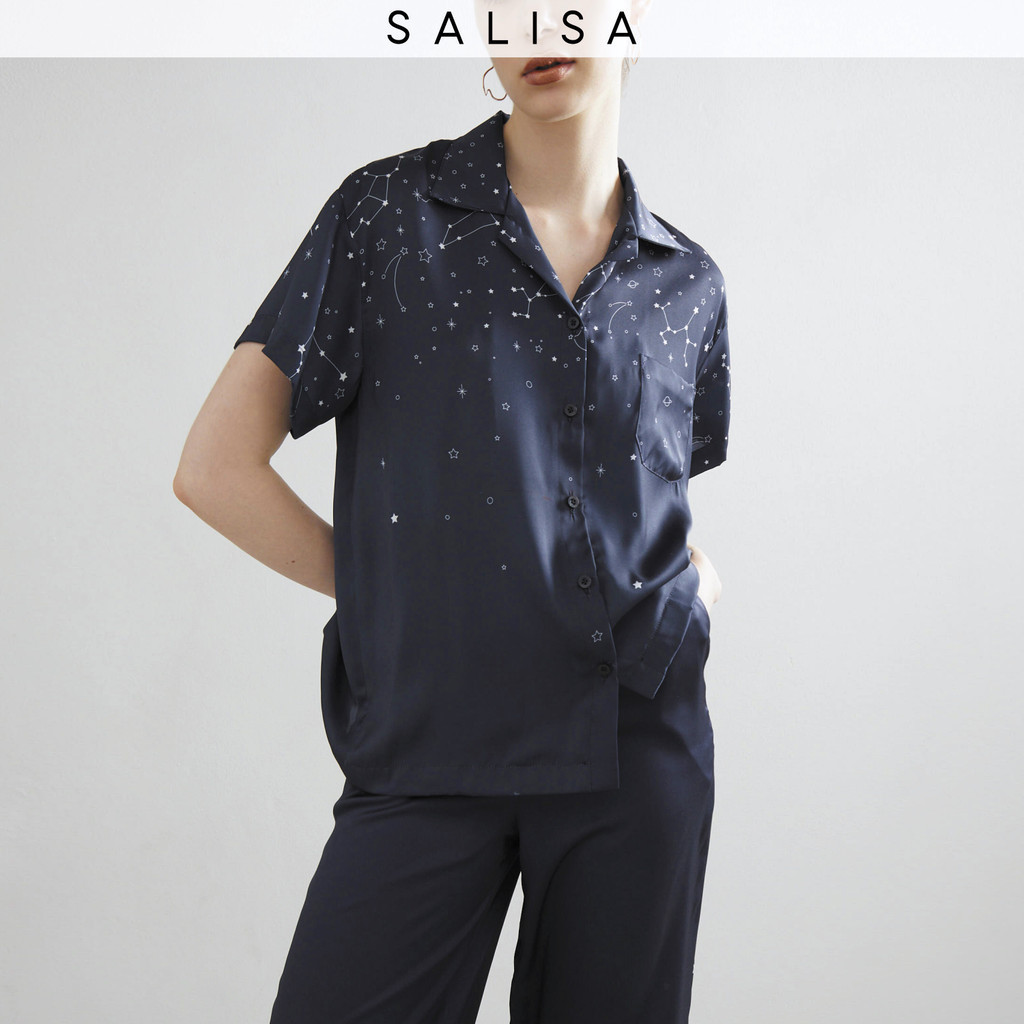 SALISA - PJ SHIRT Silk Navy Zodiac with Asymmetric Hem เสื้อเชิ้ตแขนสั้น