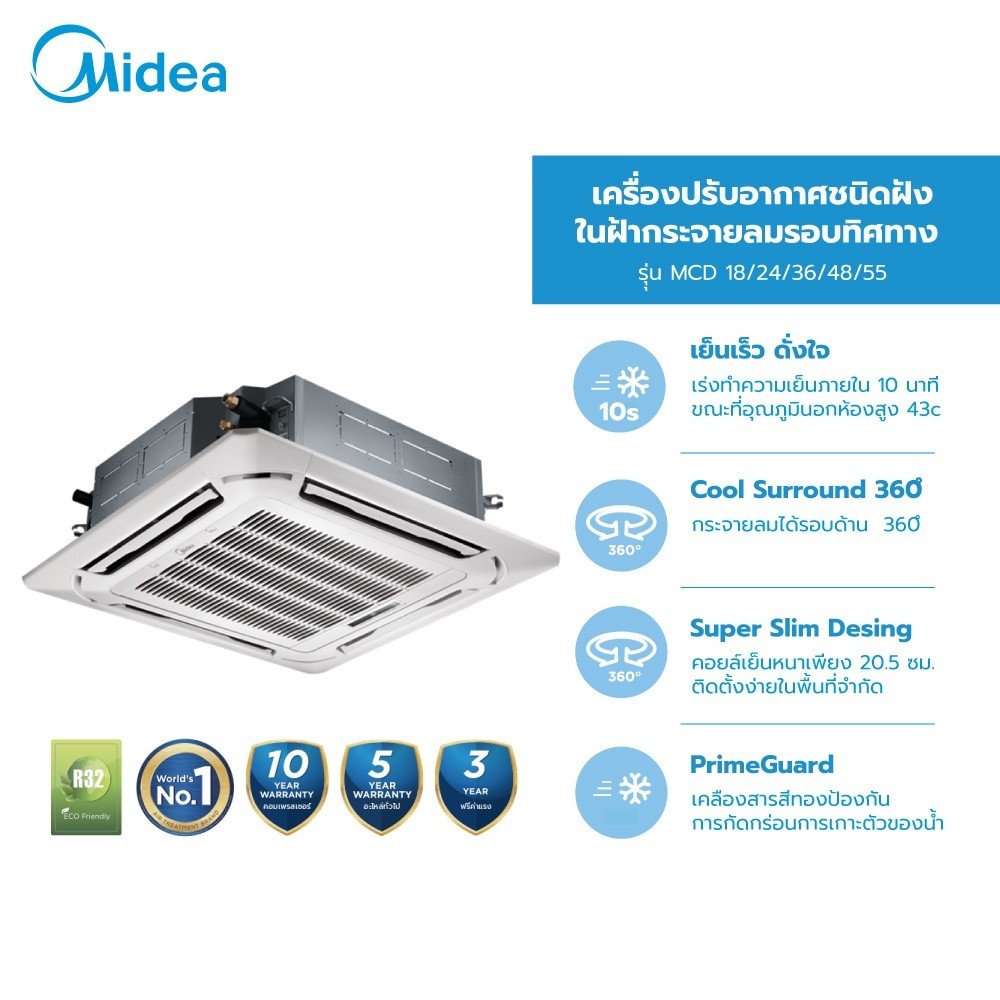 Midea เครื่องปรับอากาศ ฝังในฝ้ากระจายลมรอบทิศทาง (Cassette Type Air Conditioner) รุุ่น MCD 18000/240