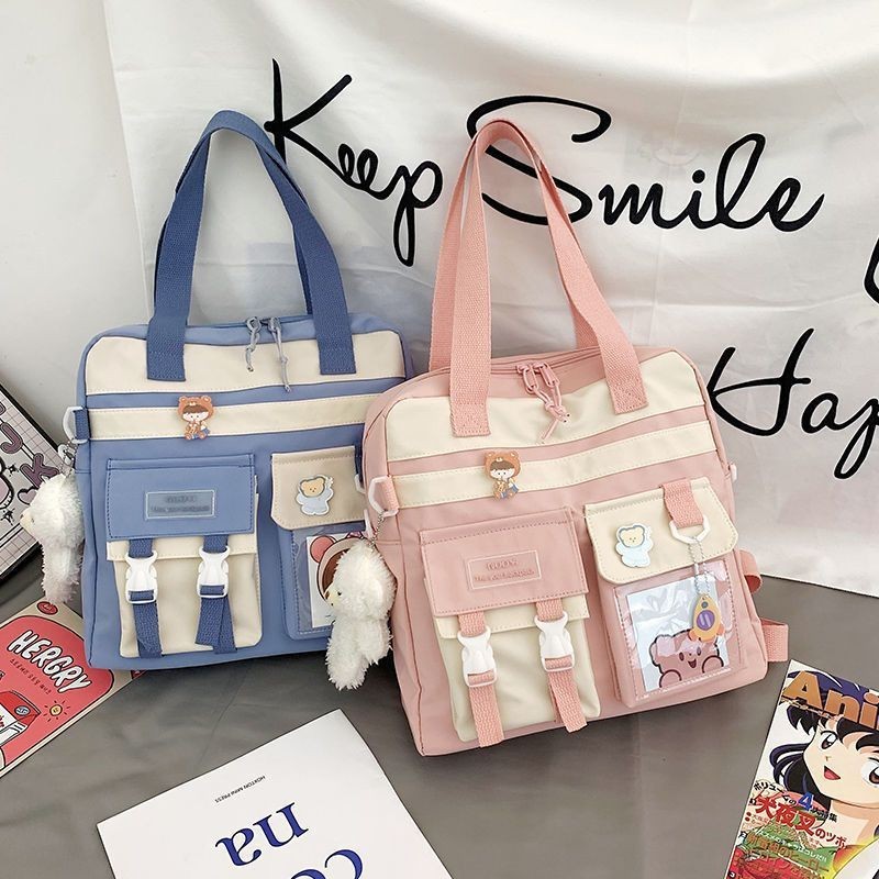 insFashionable Canvas Tuition Bag Women's Messenger Bag Large Capacity Student Class Portable Book B