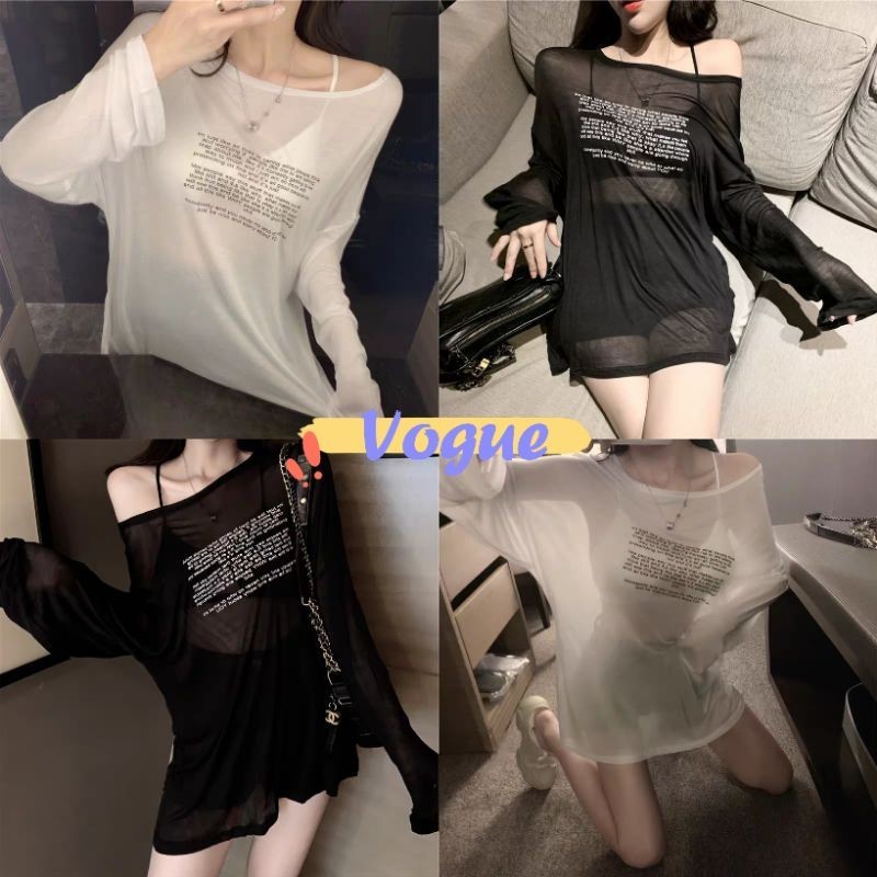 Vogue พร้อมส่ง เสื้อแขนยาว ซีทรู ดีเทลสกีนตัวอักษร ใส่ได้2ด้าน (FY2428) -H
