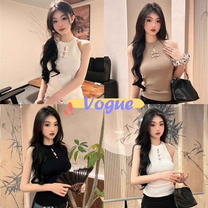 Vogue🌟พร้อมส่ง🌟  เสื้อกล้ามแขนกุดคอเต่า รายละเอียดคัตเอาท์ ตกแต่งด้วยปุ่ม (BKD0109)