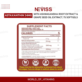 NEVISS Astaxanthin 24mg + Ashwagandha Root Extract & Grape Seed Oil Extract ,75 softgels (Sku.2011)