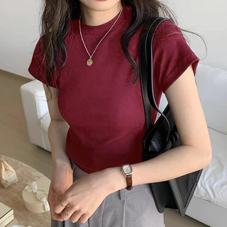 3สี เสื้อครอป เสื้อผ้าแฟชั่นผู้หญิง ทรงเบสิคแมตช์ง่ายชิลๆ สีพื้น คอกลม #J227