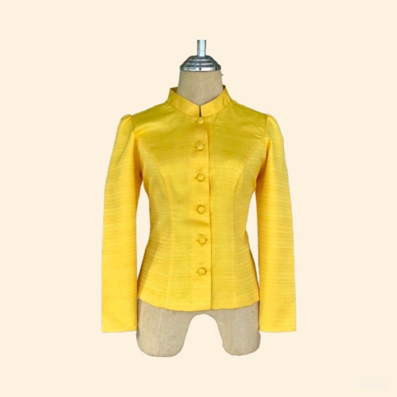 เสื้อไหมลาวสีเหลืองดอกคูณ มีคอจีน ไหม2เส้น