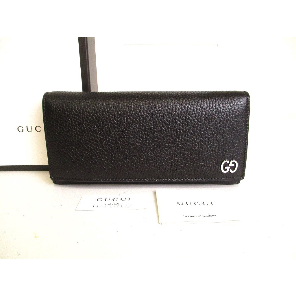 Authentic GUCCI GG Metal Black Leather Bifold Long Flap Wallet #9286  Pre-owned