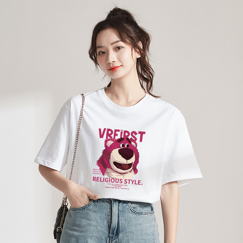 เสื้อยืดผู้หญิงแฟชั่นสาวลายการ์ตูนน่ารักลายหมีคอกลมแขนสั้นเนื้อผ้านุ่มใส่สบาย