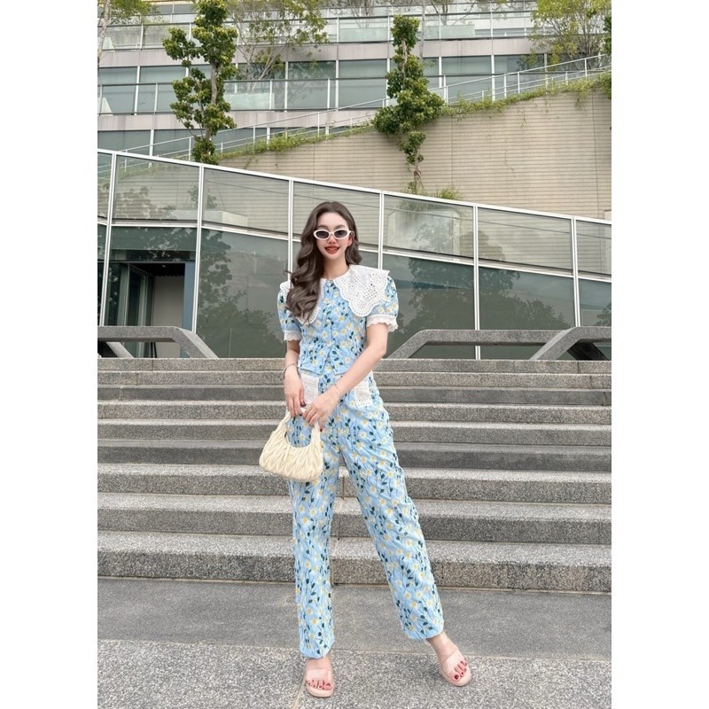 A506 ชุดเซทเสื้อ+กางเกง งานปักสีฟ้า